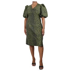 Ganni-Vestido midi verde musgo com manga bufante e estampa de leopardo - tamanho Reino Unido 12-Verde