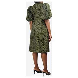 Ganni-Moss green puff-sleeved leopard print midi dress - size UK 12-Green