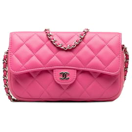 Chanel-Custodia per cellulare Chanel con patta in pelle di agnello trapuntata rosa CC su catena-Rosa