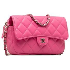 Chanel-Custodia per cellulare Chanel con patta in pelle di agnello trapuntata rosa CC su catena-Rosa