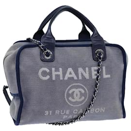 Chanel-CHANEL Chain Deauville Shoulder Bag Canvas 2way Navy CC Auth ar11757-Navy blue