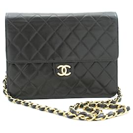 Chanel-CHANEL Bolso de hombro de cadena pequeña Embrague Solapa de cordero acolchada negra-Negro