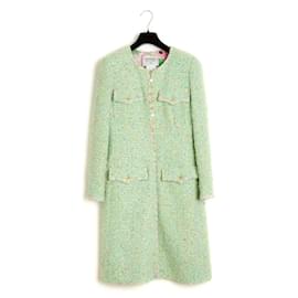 Chanel-Conjunto Chanel PE1997 Casaco e Vestido Tweed Seda Verde FR40 SS1997 US10-Verde