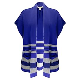 Autre Marque-St. John Cobalt Blue / White / Black Short Sleeved Open Front Wool Knit Sweater-Blue