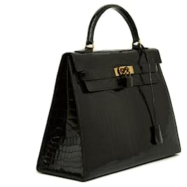 Hermès-1965 Hermes Sac Kelly 32 Precious black Leather Hand bag and strap-Noir