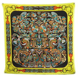 Hermès-HERMES FOLKLORE SQUARE SCARF 90 IN CASHMERE AND SILK CASHMERE SILK SCARF-Yellow