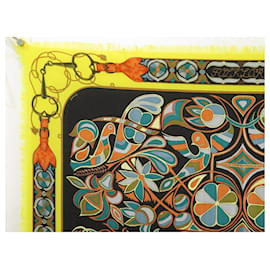 Hermès-HERMES FOLKLORE SQUARE SCARF 90 IN CASHMERE AND SILK CASHMERE SILK SCARF-Yellow
