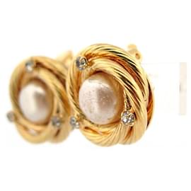 Chanel-VINTAGE CHANEL EARRINGS 1995 ROUND CLIPS PEARLS & STRASS EARRINGS-Golden
