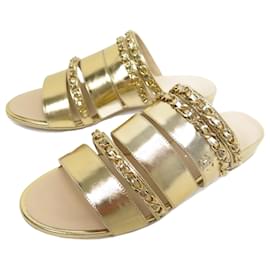Chanel-NEW CHANEL G SHOES34923 CHAIN MULES 36 GOLD LEATHER SANDALS SHOES-Golden