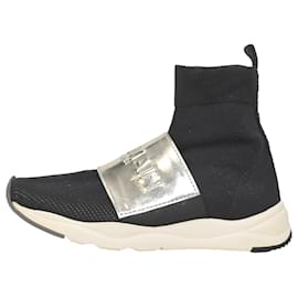 Balmain-Balmain – Cameron – High-Top-Sneakers mit geprägtem Logo aus schwarzem Stretch-Strick und Mesh-Schwarz
