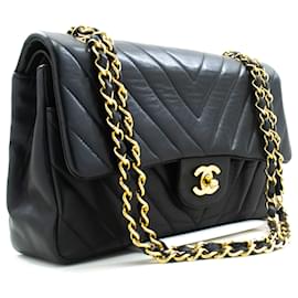 Chanel-CHANEL V-Stitch lined Flap 10" Chain Shoulder Bag Black Lambskin-Black