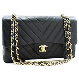 Chanel-CHANEL V-Stitch lined Flap 10" Chain Shoulder Bag Black Lambskin-Black