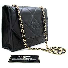 Chanel-CHANEL Bolso de hombro vintage con cadena Coco Piel de cordero acolchada con solapa negra-Negro