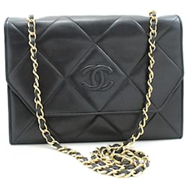 Chanel-Bolsa de ombro CHANEL Vintage Coco Chain em pele de cordeiro acolchoada com aba preta-Preto