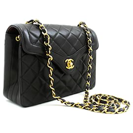 Chanel-CHANEL vintage Petit sac à bandoulière en chaîne Agneau à rabat matelassé noir-Noir