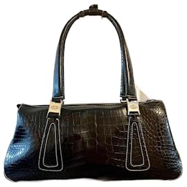Tod's-Croc embossed leather handbag with contrast stitching-Black