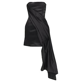 Autre Marque-Halpern Black Strapless Asymmetric Draped Bustier Bodice Satin Mini Dress-Black