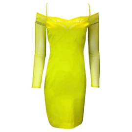 Autre Marque-Vestido Cushnie Verde Limão de Renda e Cetim com Ombro Frio-Verde