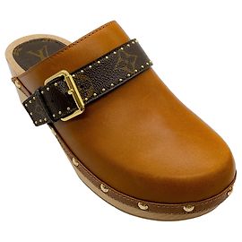Louis Vuitton Brown Leather Cottage Clogs with Logo Strap Brown