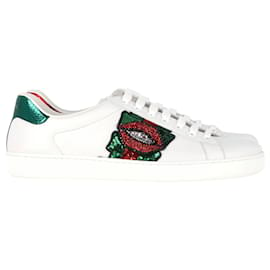 Gucci-Gucci Ace Low Lips Sequin in pelle bianca-Bianco