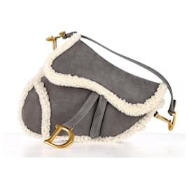 Dior-Dior Saddle Bag in Grey Suede and Cream Shearling-Grey