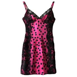 Dolce & Gabbana-Seidenes rosa und schwarzes Tupfen- und Spitzen-Bodycon-Kleid-Schwarz,Pink