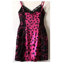 Dolce & Gabbana-Seidenes rosa und schwarzes Tupfen- und Spitzen-Bodycon-Kleid-Schwarz,Pink