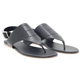 Hermès-Hermes Black Leather Kola Thong Flat Slingback Sandals-Black