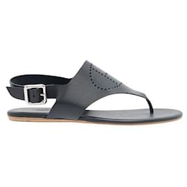 Hermès-Hermes Black Leather Kola Thong Flat Slingback Sandals-Black