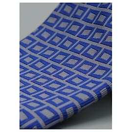 Hermès-Corbata Gris em Cuadros Azules-Azul