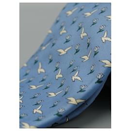 Façonnable-Corbata Celeste con Pájaros Blancos y Flores-Blu