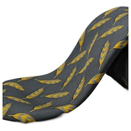 Hermès-Corbata Negra con Plumas Amarillas-Negro