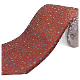 Hermès-Corbata Roja con Flores Azules-Rosso