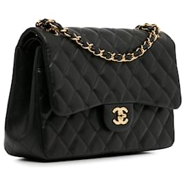 Chanel-Chanel Black Jumbo Clássico Aba forrada de pele de cordeiro-Preto