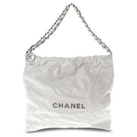 Chanel-Chanel White Small 22 Quilted Shiny Calfskin Tote-White