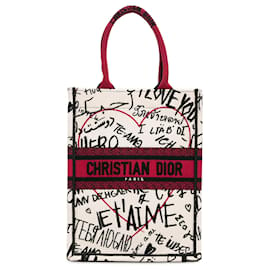 Dior-Dior White Embroidered Canvas Graffiti Dioramour Vertical Book Tote-White