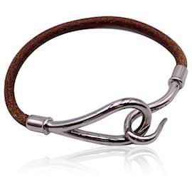 Hermès-Hermes Brown Leather Silver Metal Jumbo Hook Bracelet-Brown