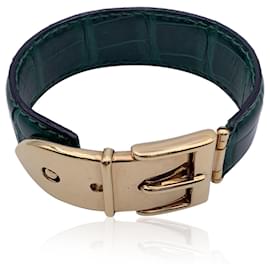 Gucci-Vintage Green Leather Belt Bangle Cuff Bracelet Gold Buckle-Green