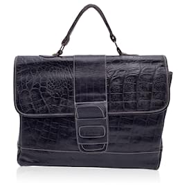Gianfranco Ferré-Vintage Black Embossed Leather Satchel Bag-Black