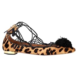 Aquazzura-Aquazzura Sunshine Leopard-Print Lace-Up Ballerina Flats in Brown Leather-Brown