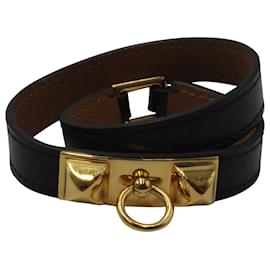 Hermès-Hermès Rivale Gold Plated lined Tour Bracelet in Black Leather-Black