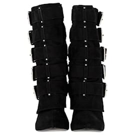 Balmain-Balmain High-Heel-Stiefel mit Schnalle aus schwarzem Wildleder-Schwarz