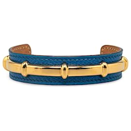 Hermès-Hermès Blue Leather Agatha Cuff Bracelet-Blue