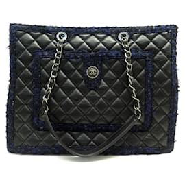 Chanel-NEW CHANEL SHOPPING CABAS HANDBAG QUILTED LEATHER & TWEED TOTE HAND BAG-Black