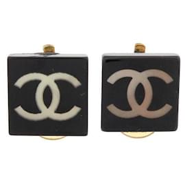 Chanel-BOUCLES D'OREILLES CHANEL CLIP LOGO C EN RESINE NOIRE & METAL DORE EARRINGS-Marron
