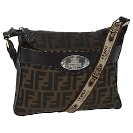 Fendi-FENDI Zucca Canvas Shoulder Bag Black Brown Auth ac2931-Brown,Black