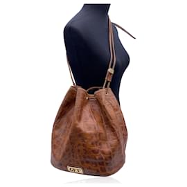 Gianfranco Ferré-Vintage Embossed Brown Leather Bucket Bag-Brown