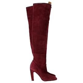 Stuart Weitzman-Stuart Weitzman Edie Leather Panel Stretch Knee High Boots in Red Suede-Red
