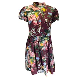 Autre Marque-See by Chloe Burgundy Multi Floral Printed Short Sleeved Cotton Dress-Dark red