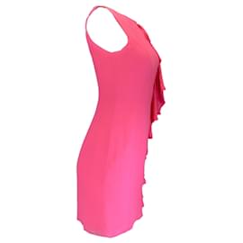 Autre Marque-Vivienne Tam Hot Pink Bow Detail Ruffled Sleeveless Silk Crepe Dress-Pink